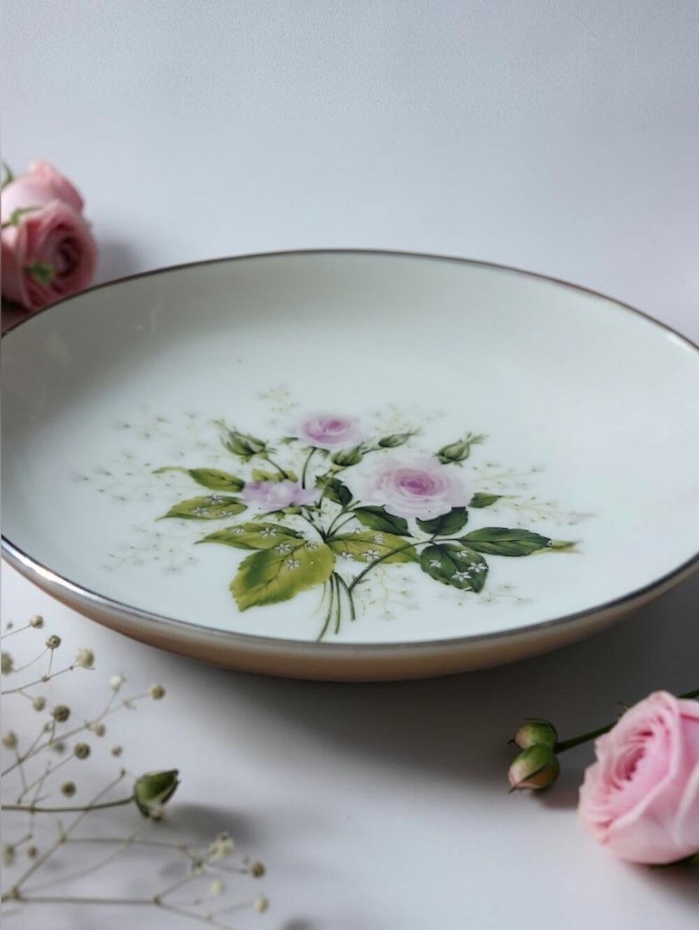 Vtg 1986 Sauce Fruit Bowl Dish RSO1 Royal Sovereign USA Pink Roses Baby's Breath